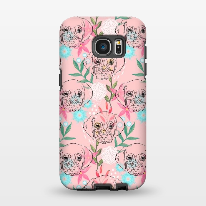 Galaxy S7 EDGE StrongFit Cute Puppy Dog and Flowers Pink Creative Art by InovArts