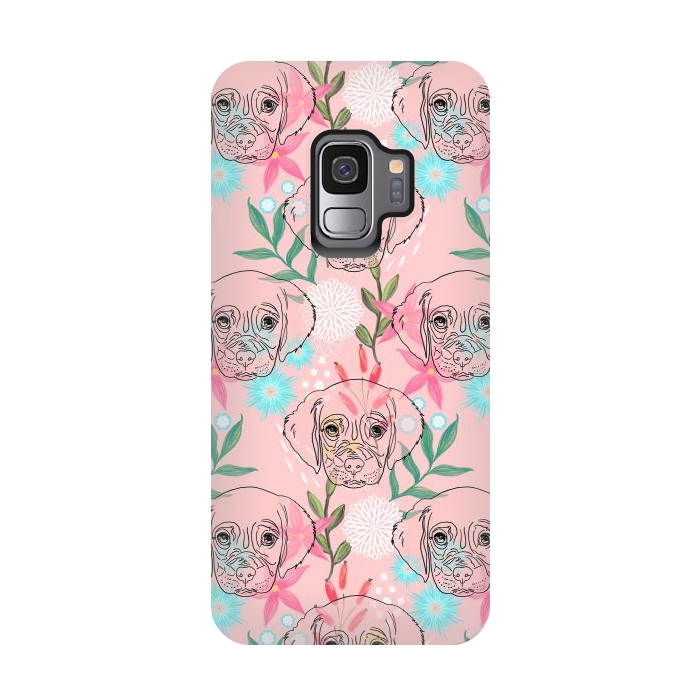 Galaxy S9 StrongFit Cute Puppy Dog and Flowers Pink Creative Art by InovArts
