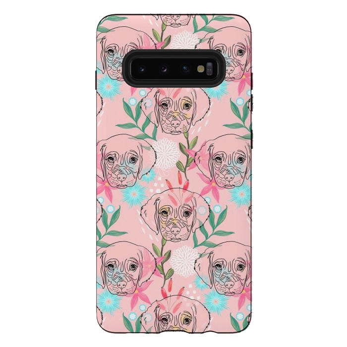 Galaxy S10 plus StrongFit Cute Puppy Dog and Flowers Pink Creative Art by InovArts