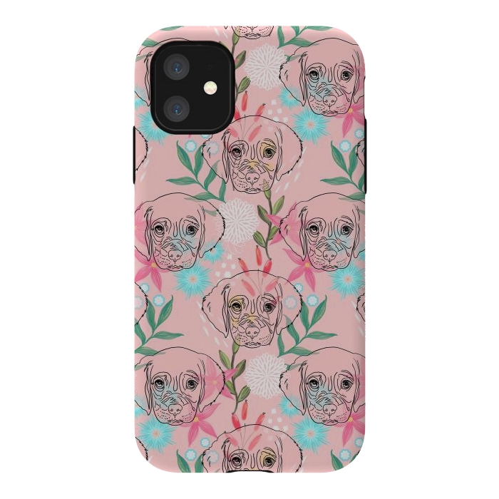 iPhone 11 StrongFit Cute Puppy Dog and Flowers Pink Creative Art by InovArts