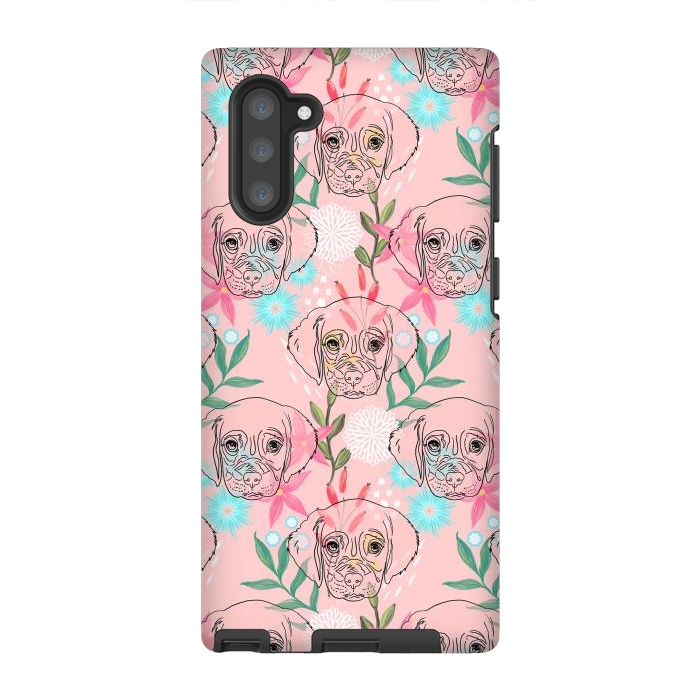 Galaxy Note 10 StrongFit Cute Puppy Dog and Flowers Pink Creative Art by InovArts
