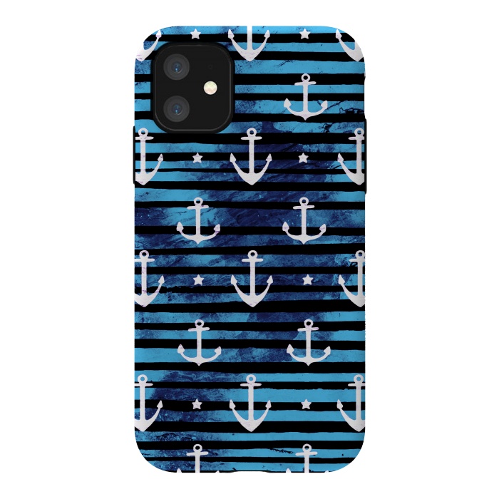 iPhone 11 StrongFit Nautical anchors and stripes pattern by Oana 
