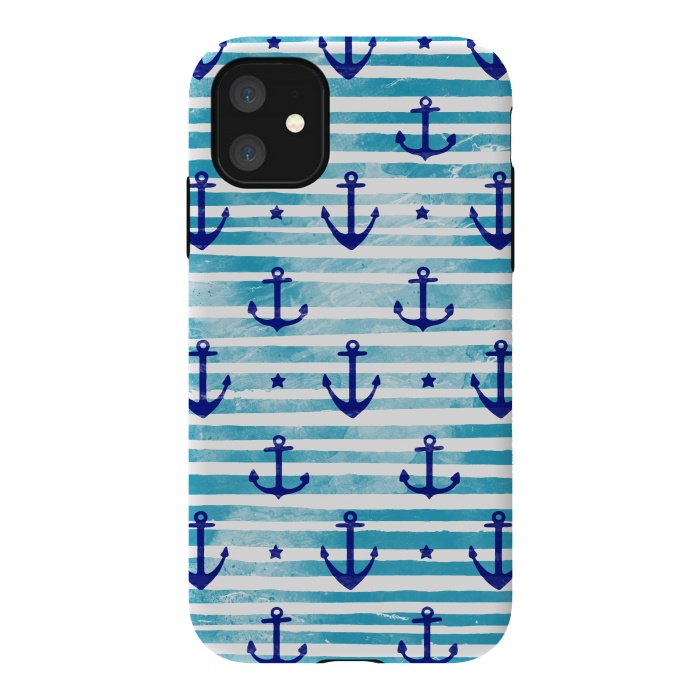 iPhone 11 StrongFit Blue watercolor anchors and stripes nautical pattern by Oana 