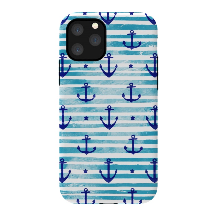 iPhone 11 Pro StrongFit Blue watercolor anchors and stripes nautical pattern by Oana 