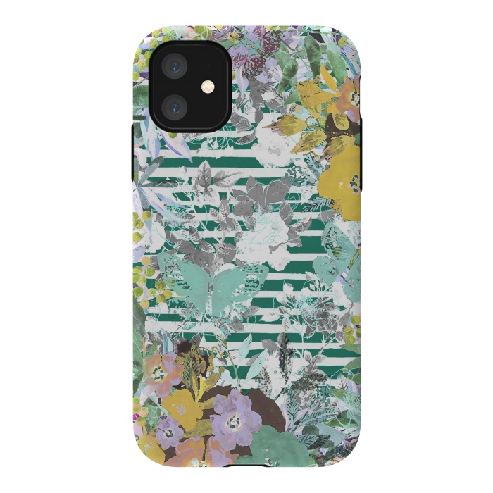 iPhone 11 StrongFit watercolor painted flowers, butterflies and stripes by Oana 