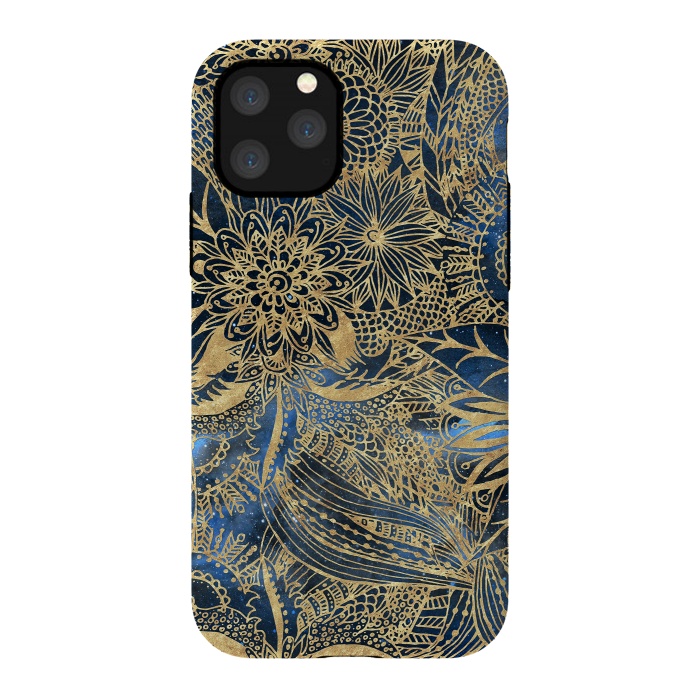 iPhone 11 Pro StrongFit Elegant gold floral mandala and blue nebula design by InovArts