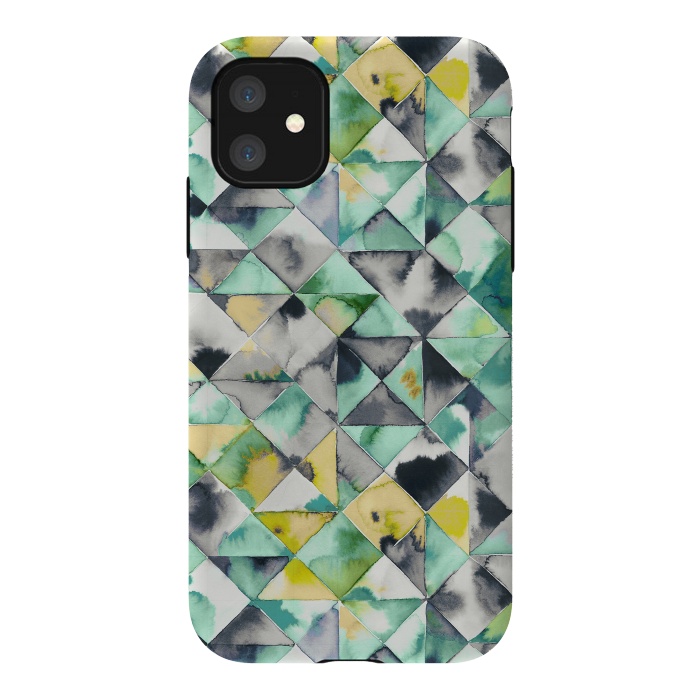 iPhone 11 StrongFit Watercolor Triangles Geometry Lime by Ninola Design