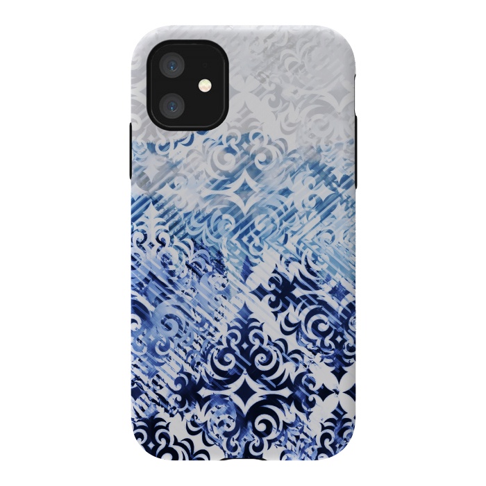 iPhone 11 StrongFit Gradient blue white silver damask pattern by Oana 