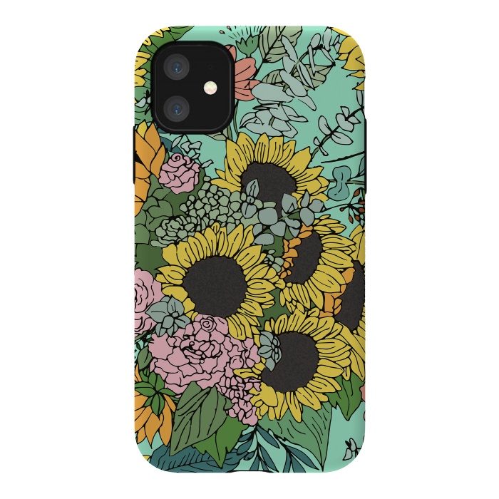 iPhone 11 StrongFit Trendy yellow sunflowers and pink roses mint design by InovArts