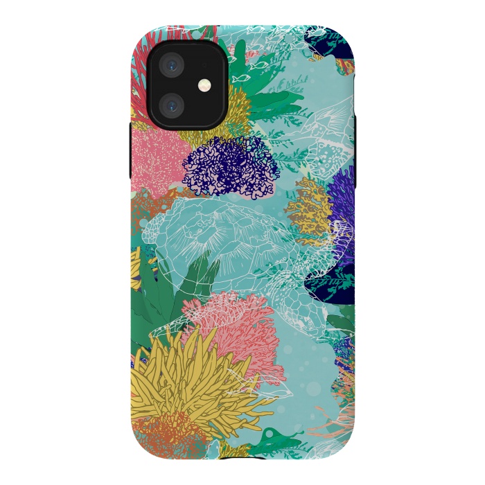 iPhone 11 StrongFit Cute colorful ocean coral reefs and turtles design by InovArts
