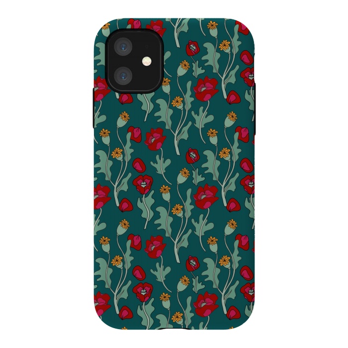iPhone 11 StrongFit Garden Poppies on Teal by Melissa Pedersen