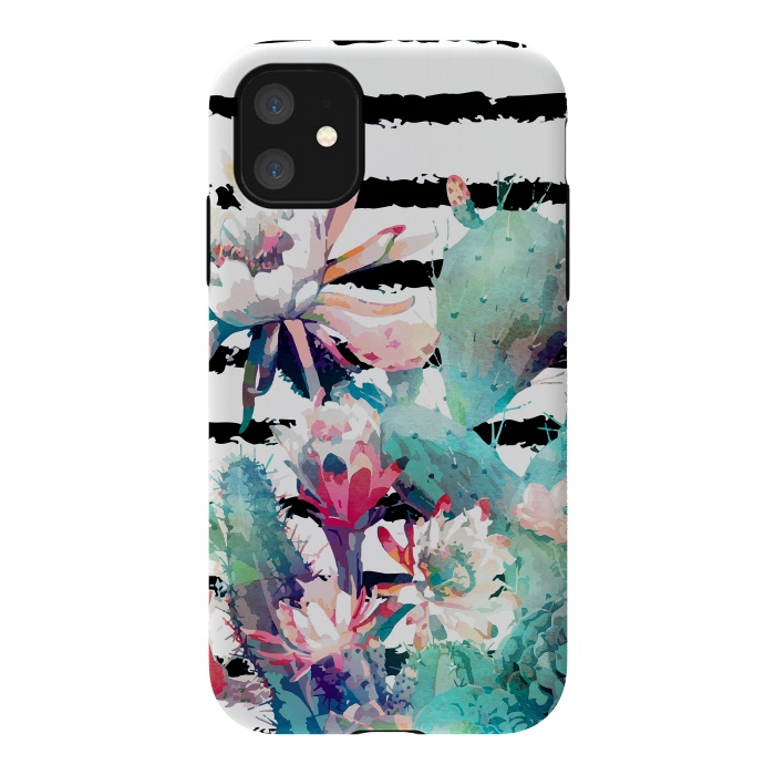 iPhone 11 StrongFit Pretty watercolor cactus floral and stripes design by InovArts