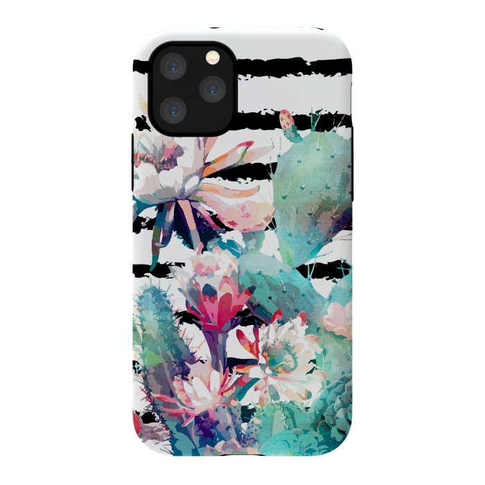 iPhone 11 Pro StrongFit Pretty watercolor cactus floral and stripes design by InovArts