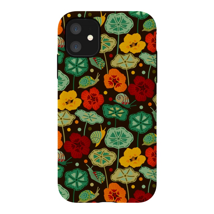 iPhone 11 StrongFit Nasturtiums & Snails On Brown  by Tigatiga