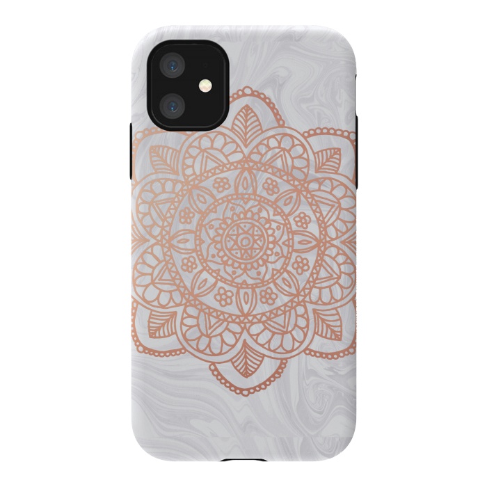 iPhone 11 StrongFit Rose Gold Mandala on White Marble by Julie Erin Designs