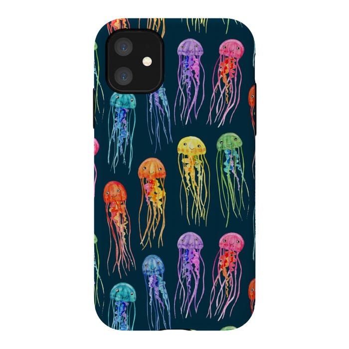 iPhone 11 StrongFit Little Cute Rainbow Jellyfish on Dark by Micklyn Le Feuvre