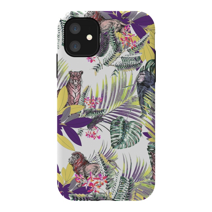 iPhone 11 StrongFit Colorful jungle leaves and wild animals pattern by Oana 