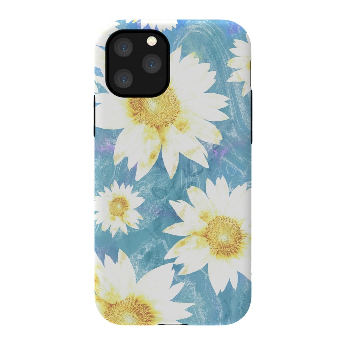 iPhone 11 Pro StrongFit White sunflowers on baby blue marble by Oana 