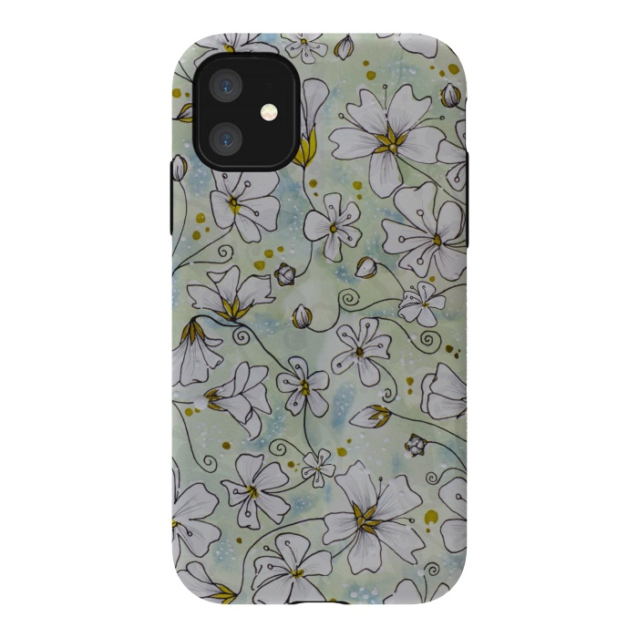 iPhone 11 StrongFit Pretty White Flowers on Watercolour by Paula Ohreen