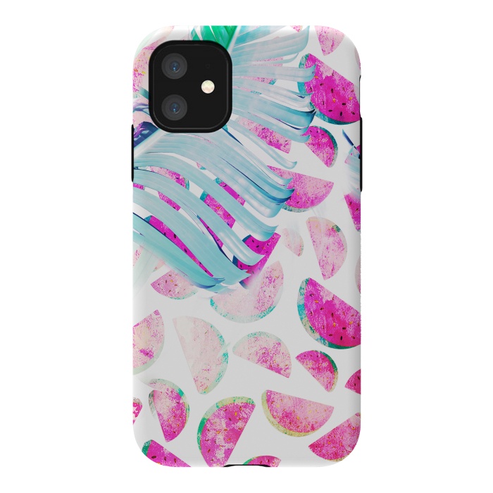 iPhone 11 StrongFit Grungy watermelon and bana leaf pattern by Oana 