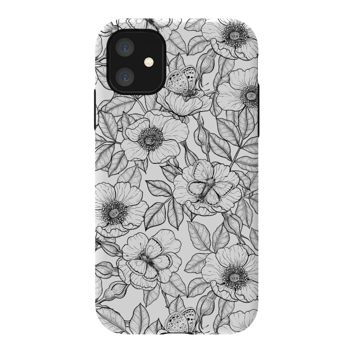 iPhone 11 StrongFit Dog rose and butterflies b&w by Katerina Kirilova