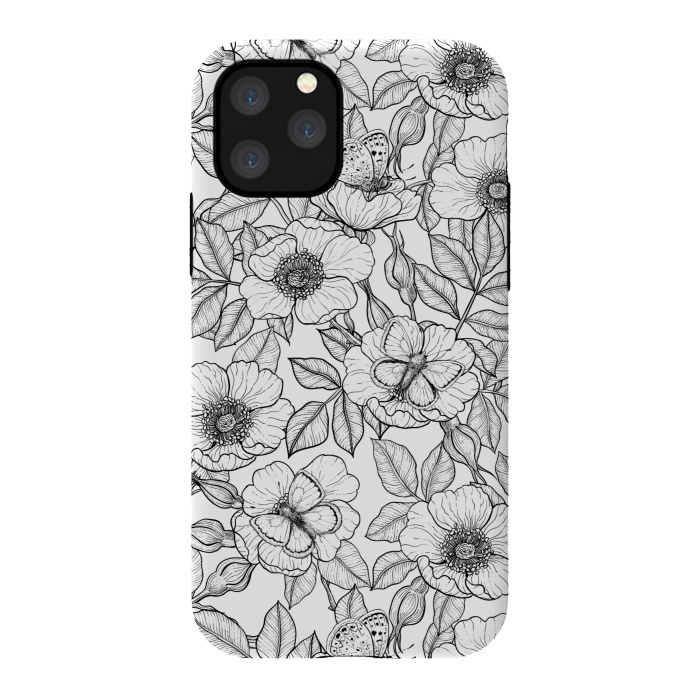 iPhone 11 Pro StrongFit Dog rose and butterflies b&w by Katerina Kirilova