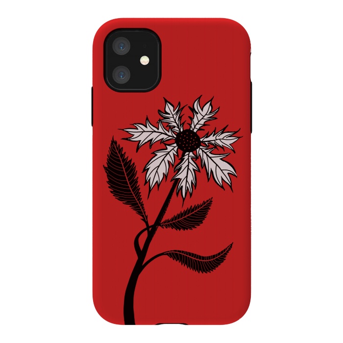 iPhone 11 StrongFit Imaginary Flower In Ink - Black And White On Red by Boriana Giormova