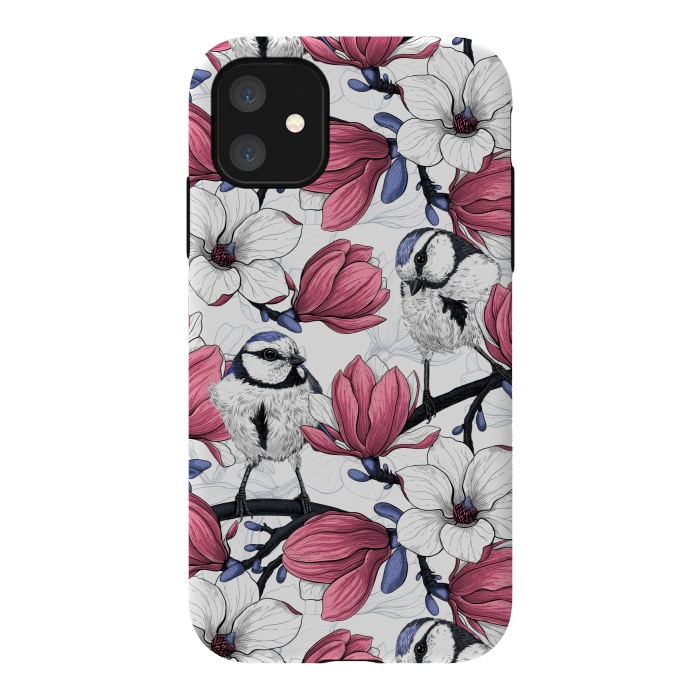 iPhone 11 StrongFit Pink magnolia and blue tit birds by Katerina Kirilova