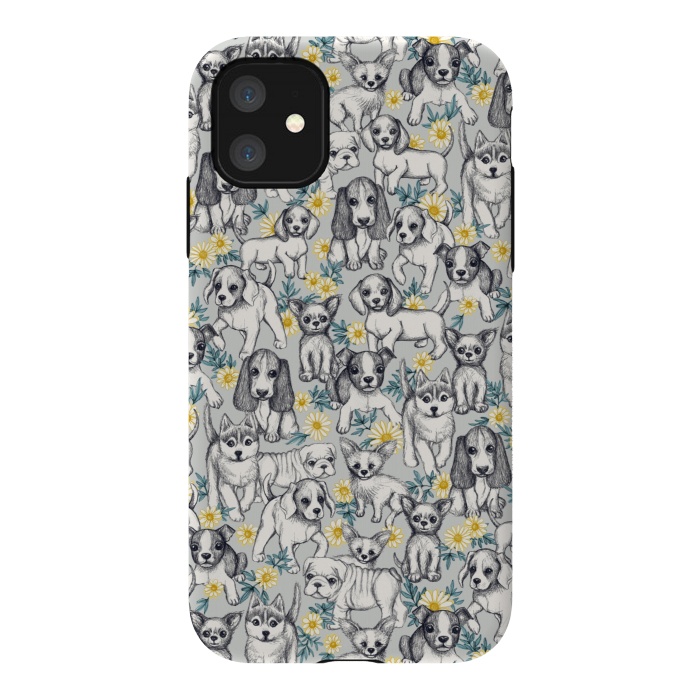iPhone 11 StrongFit Dogs and Daisies on Grey by Micklyn Le Feuvre