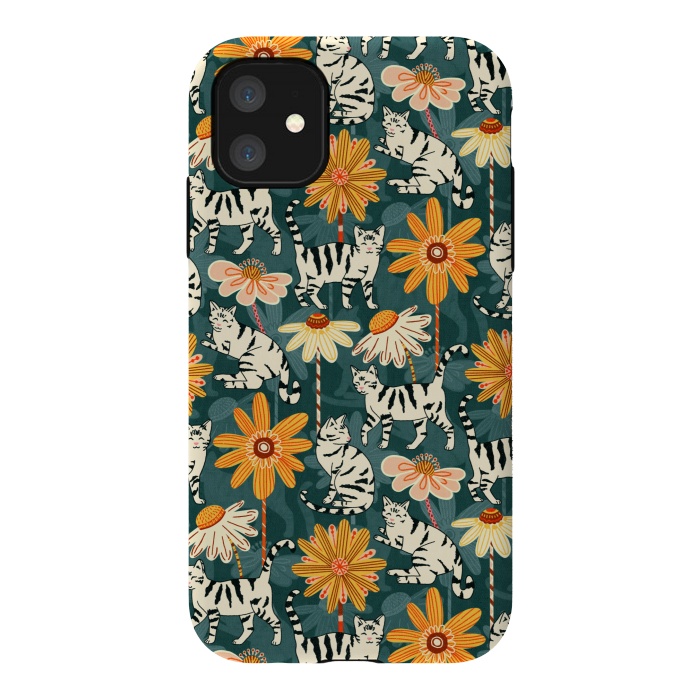 iPhone 11 StrongFit Daisy Cats - Teal by Tigatiga