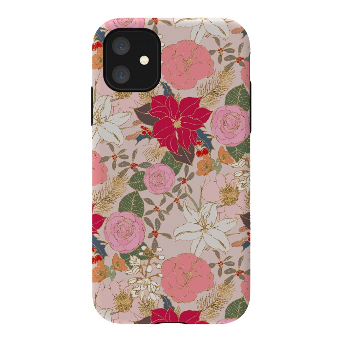 iPhone 11 StrongFit Elegant Golden Strokes Colorful Winter Floral by InovArts