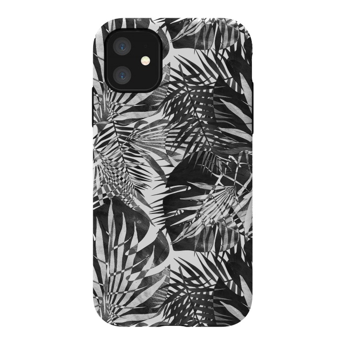 iPhone 11 StrongFit Black and white tropical leaves illusion by Oana 