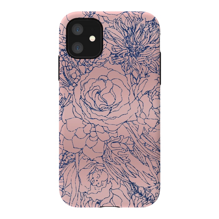 iPhone 11 StrongFit Stylish Metallic Navy Blue and Pink Floral Design by InovArts