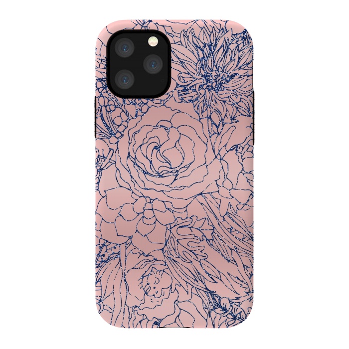 iPhone 11 Pro StrongFit Stylish Metallic Navy Blue and Pink Floral Design by InovArts