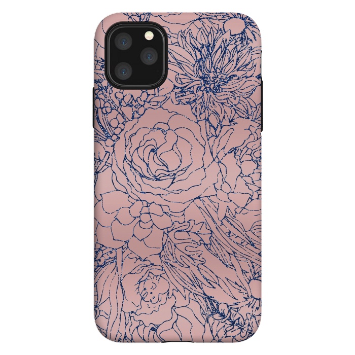 iPhone 11 Pro Max StrongFit Stylish Metallic Navy Blue and Pink Floral Design by InovArts