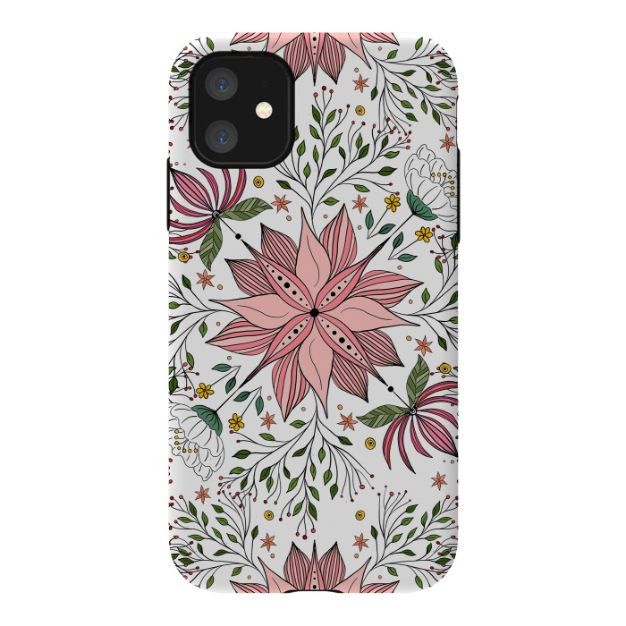 iPhone 11 StrongFit Cute Vintage Pink Floral Doodles Tile Art by InovArts