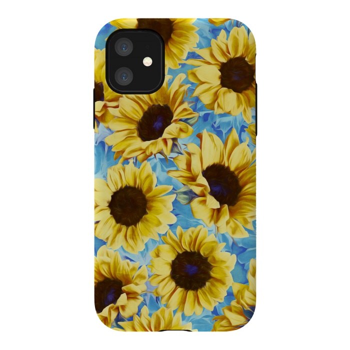 iPhone 11 StrongFit Dreamy Sunflowers on Blue by Micklyn Le Feuvre