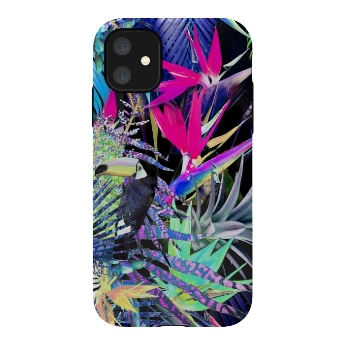 iPhone 11 StrongFit Colorful neon toucan and strelitzia jungle pattern by Oana 