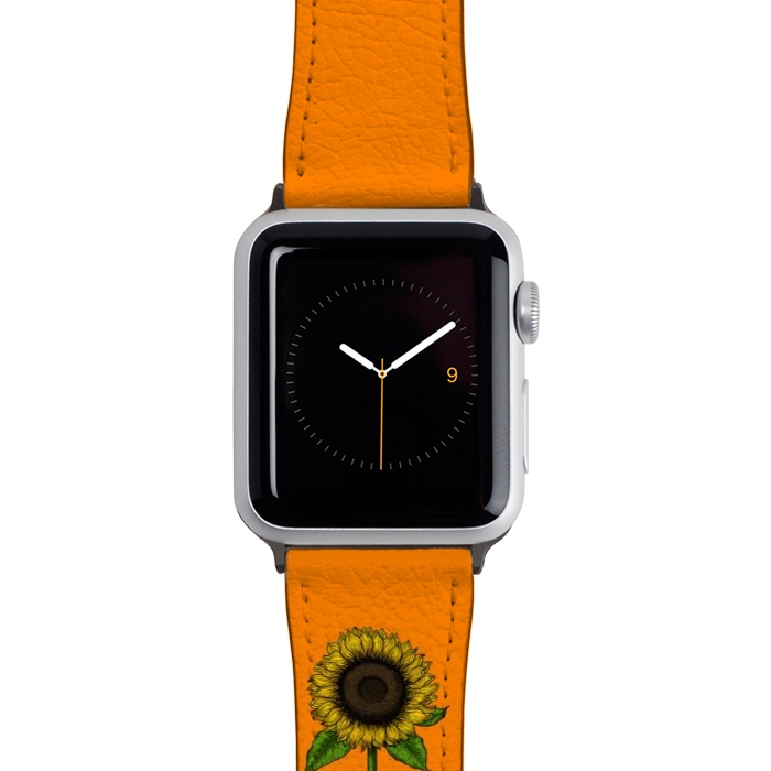 Watch 42mm / 44mm Strap PU leather Sunflower on orange by Katerina Kirilova