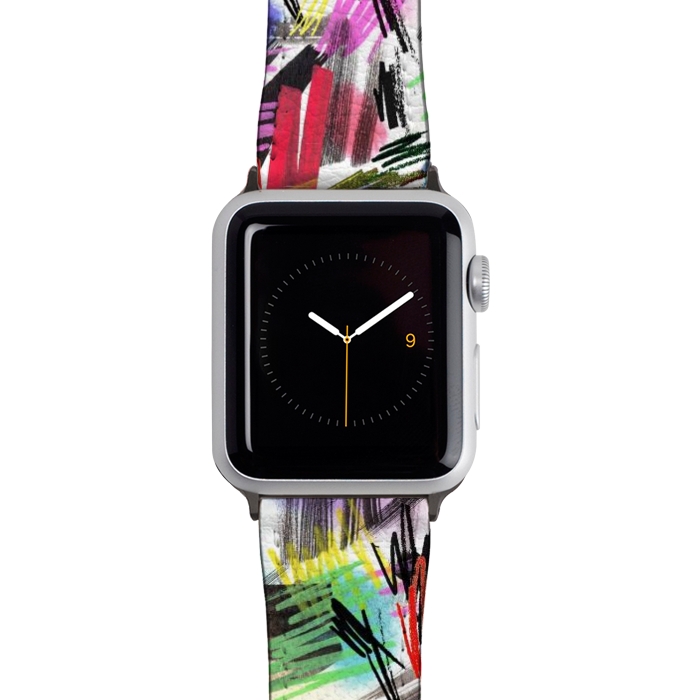 Watch 42mm / 44mm Strap PU leather Wild Colorful Scratches and Strokes  by Ninola Design