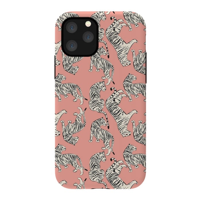 iPhone 11 Pro StrongFit Tiger pattern, white on pink, 006 by Jelena Obradovic