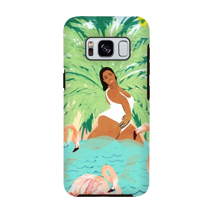 Galaxy S8 StrongFit Tropical Summer Water Yoga with Palm & Flamingos | Woman of Color Black Woman Body Positivity by Uma Prabhakar Gokhale