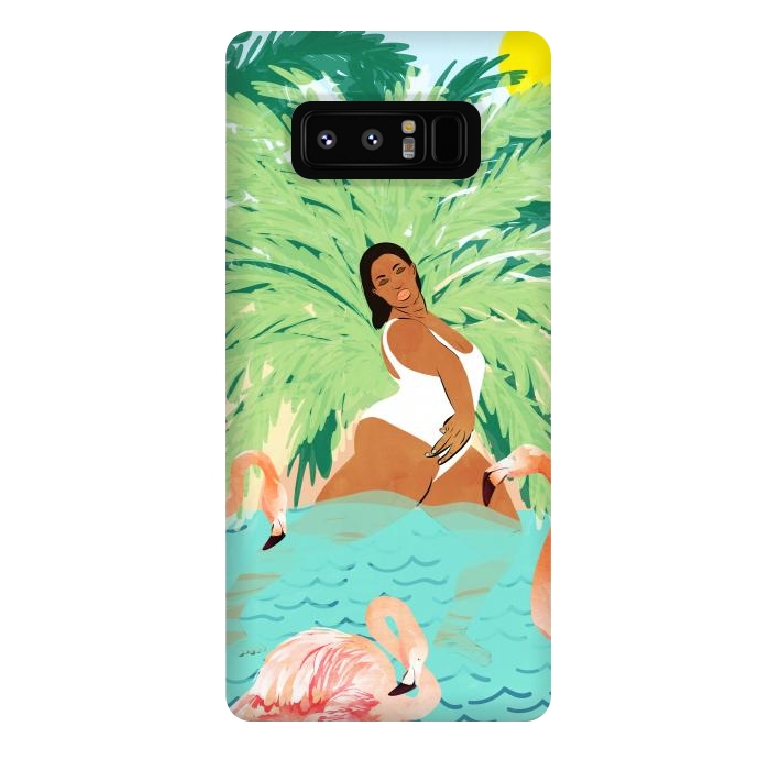 Galaxy Note 8 StrongFit Tropical Summer Water Yoga with Palm & Flamingos | Woman of Color Black Woman Body Positivity by Uma Prabhakar Gokhale