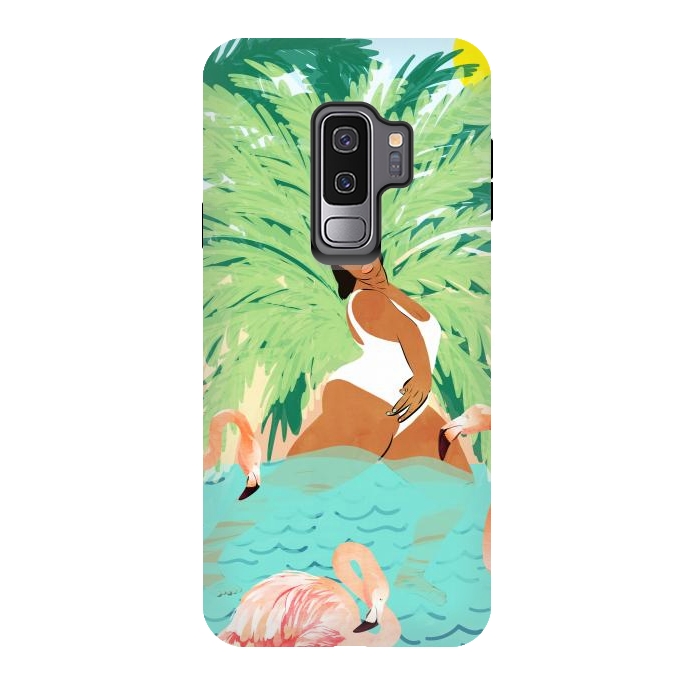 Galaxy S9 plus StrongFit Tropical Summer Water Yoga with Palm & Flamingos | Woman of Color Black Woman Body Positivity by Uma Prabhakar Gokhale