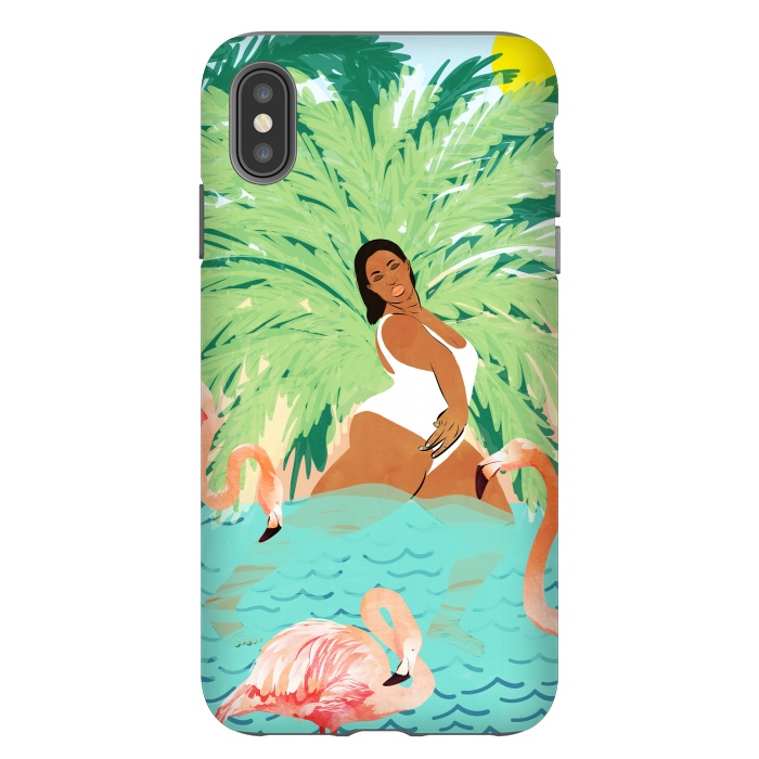 iPhone Xs Max StrongFit Tropical Summer Water Yoga with Palm & Flamingos | Woman of Color Black Woman Body Positivity by Uma Prabhakar Gokhale