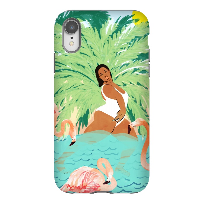 iPhone Xr StrongFit Tropical Summer Water Yoga with Palm & Flamingos | Woman of Color Black Woman Body Positivity by Uma Prabhakar Gokhale