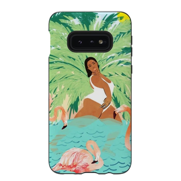 Galaxy S10e StrongFit Tropical Summer Water Yoga with Palm & Flamingos | Woman of Color Black Woman Body Positivity by Uma Prabhakar Gokhale