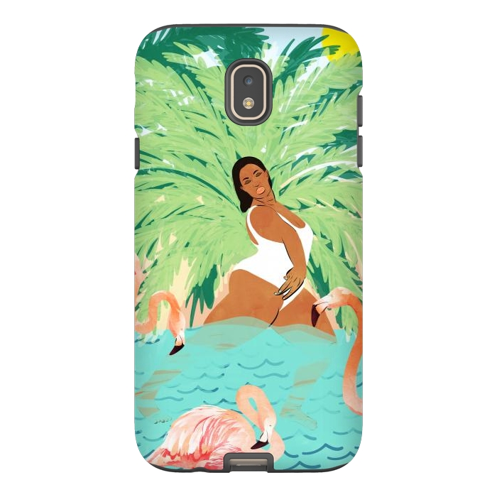 Galaxy J7 StrongFit Tropical Summer Water Yoga with Palm & Flamingos | Woman of Color Black Woman Body Positivity by Uma Prabhakar Gokhale