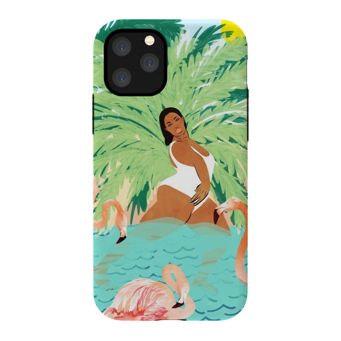 iPhone 11 Pro StrongFit Tropical Summer Water Yoga with Palm & Flamingos | Woman of Color Black Woman Body Positivity by Uma Prabhakar Gokhale