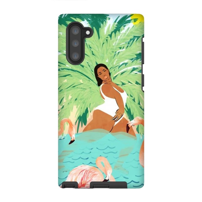 Galaxy Note 10 StrongFit Tropical Summer Water Yoga with Palm & Flamingos | Woman of Color Black Woman Body Positivity by Uma Prabhakar Gokhale